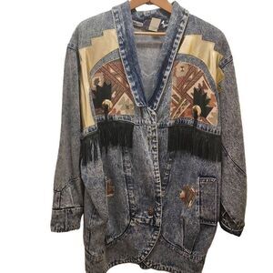 Rochelle Forest Women's Denim Jean Jacket Southwest Embellished Fringe Western S